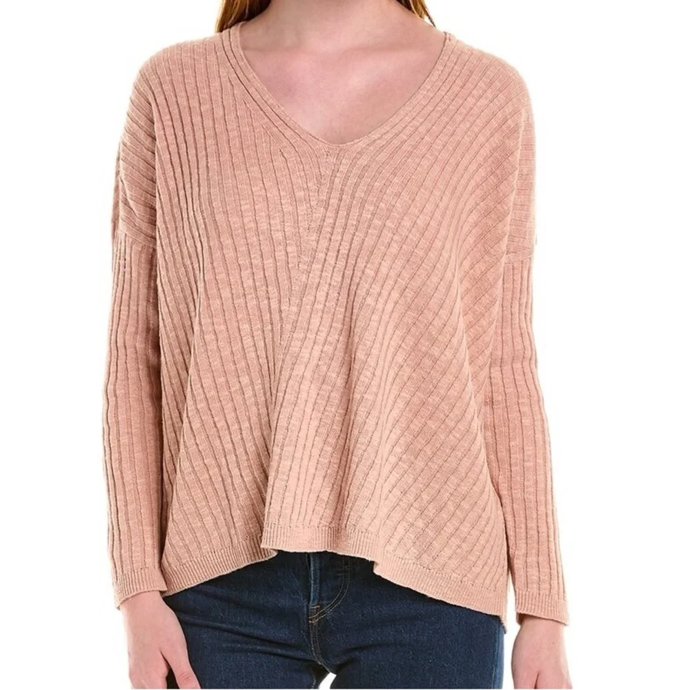 Eileen Fisher Medium Pink Ribbed Organic Cotton Long Sleeve V-neck Sweater - Picture 1 of 9